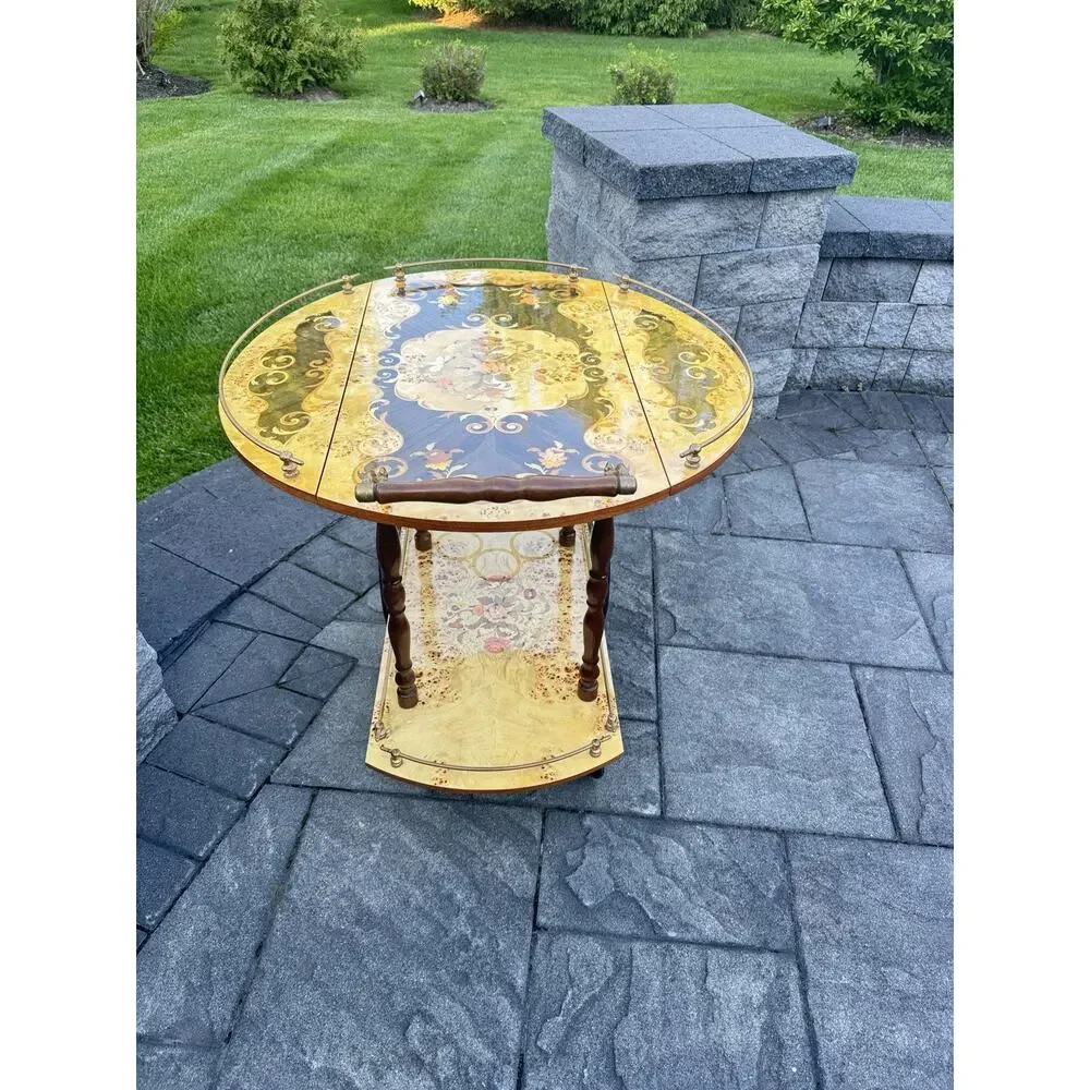 VTG Italian Marquetry Tea & Bar Cart Wood Serving Drop Leaf ~Great For Display